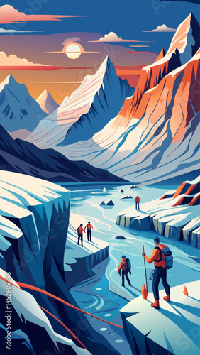 A group of people are standing on a frozen river in the mountains. The scene is serene and peaceful, with the snow-covered landscape and the people enjoying the beauty of nature