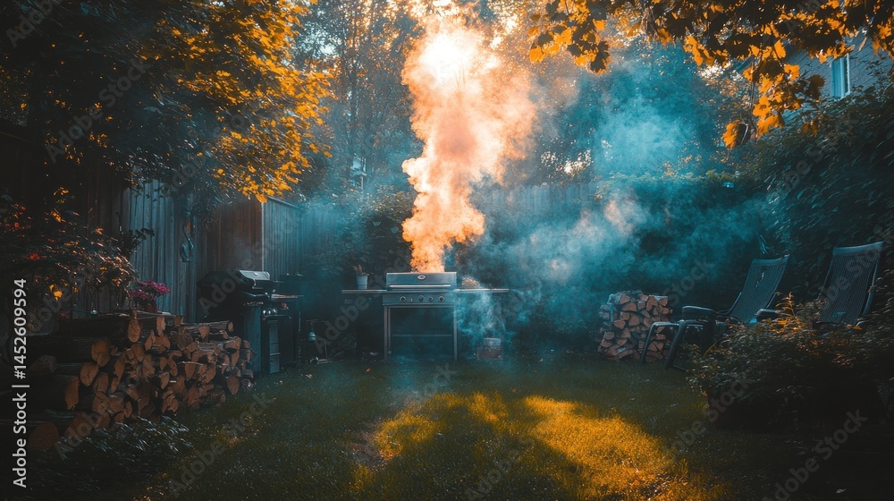 Fototapeta premium Backyard BBQ blaze, sunset smoke, grilling
