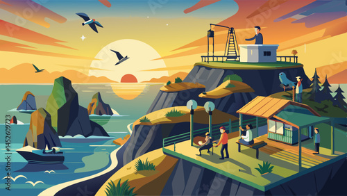 A painting of a beach with a man standing on a pier. The man is talking to a group of people. The painting has a peaceful and relaxing mood