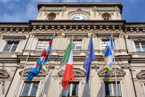 Turin, Piedmont, Italy -04-12-2025- Piazza Palazzo di Città square with the city hall of Turin.