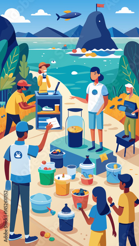 A group of people are gathered on a beach, with a man holding a bucket. The scene is lively and fun, with people sitting and standing around, and a sense of community and togetherness
