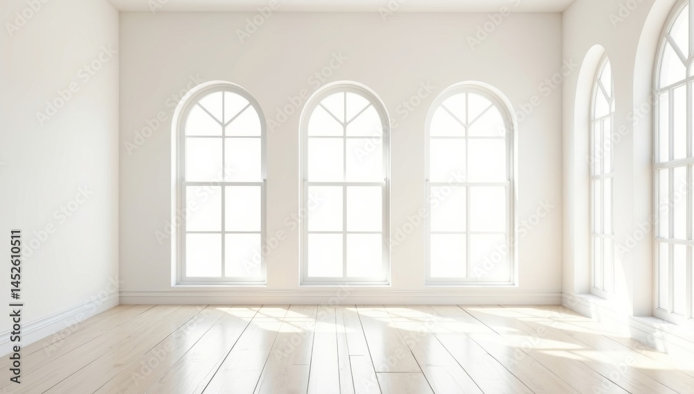 View of empty room in classic style with arch window design, Sun light cast shadow on the wood floor on white background View of empty room in classic style with arch window design, Sun light cast shadow on the wood floor on white background