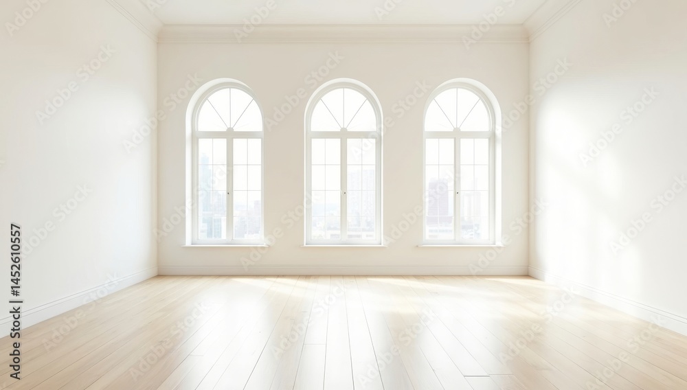 View of empty room in classic style with arch window design, Sun light cast shadow on the wood floor on white background View of empty room in classic style with arch window design, Sun light cast shadow on the wood floor on white background