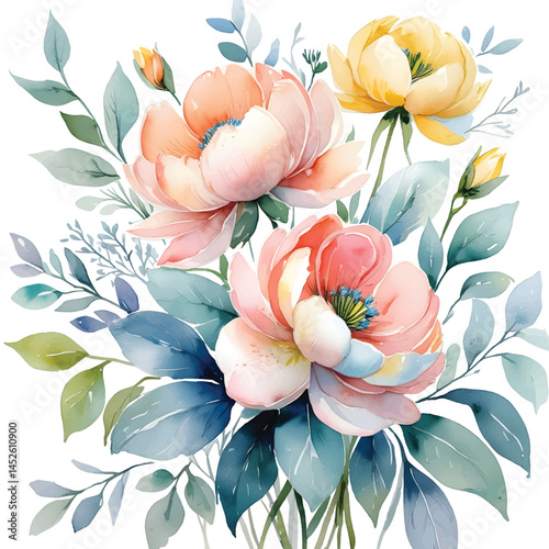 Watercolor Floral Bouquet with Pastel Peonies and Greenery