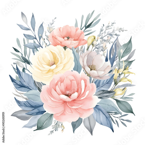 Watercolor Floral Bouquet with Pastel Peonies and Greenery