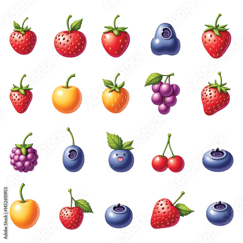 Set of Colorful Cartoon Fruit Icons – Strawberries, Grapes, Berries, and Tomato Illustrations on White Background