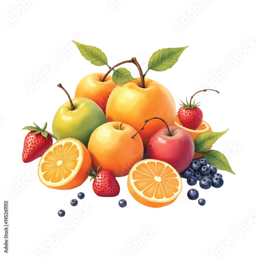 Watercolor Illustration of Assorted Fresh Fruits – Apples, Oranges, Pears, Berries, and Citrus on White Background