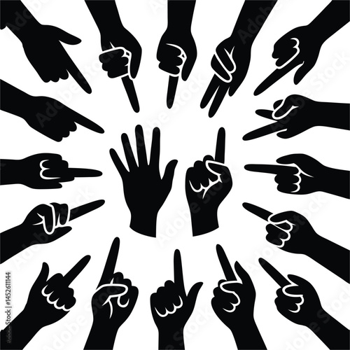 Diverse hands black silhouettes, vector collection .raised, unity, participation, simple shapes, minimalist artwork, social movement, engagement, group collaboration isolated on white background.