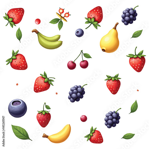 Set of Colorful Cartoon Fruit Icons – Strawberries, Grapes, Berries, and Tomato Illustrations on White Background
