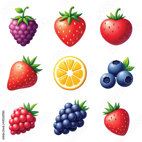 Set of Colorful Cartoon Fruit Icons – Strawberries, Grapes, Berries, and Tomato Illustrations on White Background