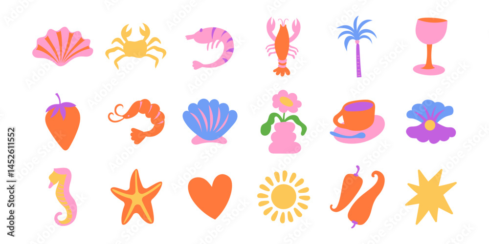 Vector simple minimal illustrations in bright bold colors, simple wavy and groovy doodle naive style, simple hand drawn design templates, summer vacation and travel