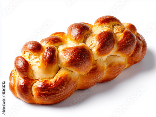 Challah bread, braided and golden brown, isolated on white background