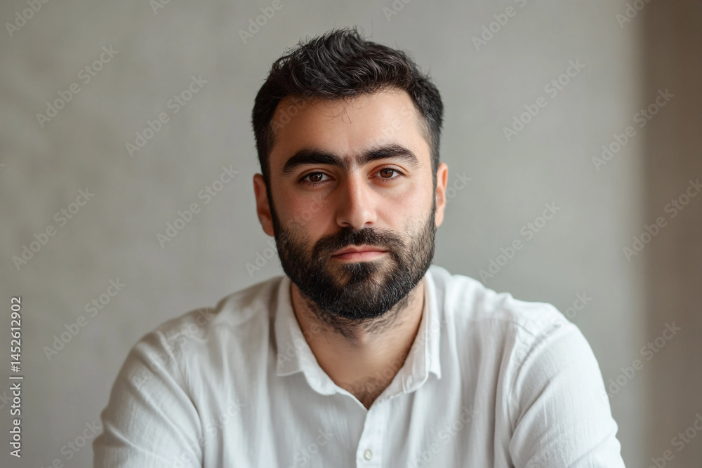 Fototapeta premium Man with beard in white shirt serious expression neutral background