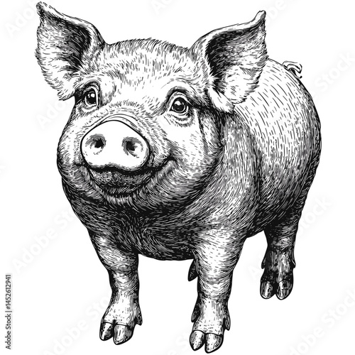 Pig, vintage, black and white, old engraving style, sketch, grunge effect, vector illustration, antique animal drawing, rustic farm art, retro hog print, country decor, livestock graphic