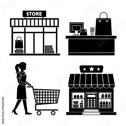 This vector icon set showcases various shopping symbols, including a shopping cart, bag, and basket, representing e-commerce and retail business