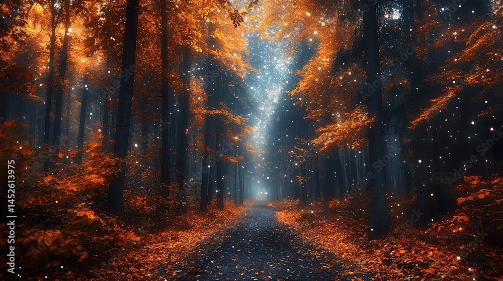 Enchanted autumn forest with stardust pathway Enchanted autumn forest with stardust pathway