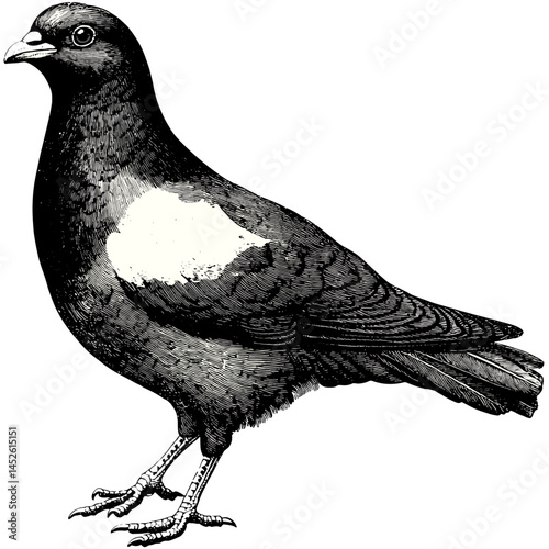 Pigeon Walking, vintage wood block print style, black sketch, old engraving look, retro hand drawn vector, bird illustration, antique animal art, rustic wildlife art, classic print style