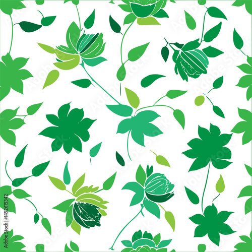 Lush floral pattern featuring various green leaves and blossoming flower vector