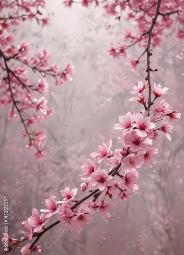 Abstract pink sakura petals gently falling against a blurred, dreamy background  ,  gradient,  light