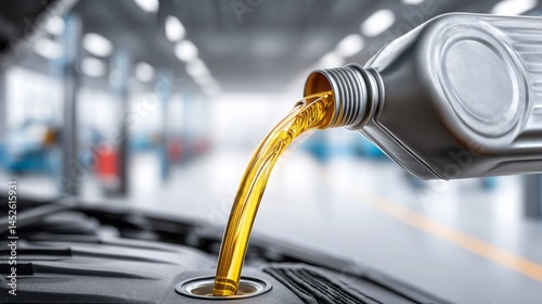 A car is being serviced with oil being poured into the engine