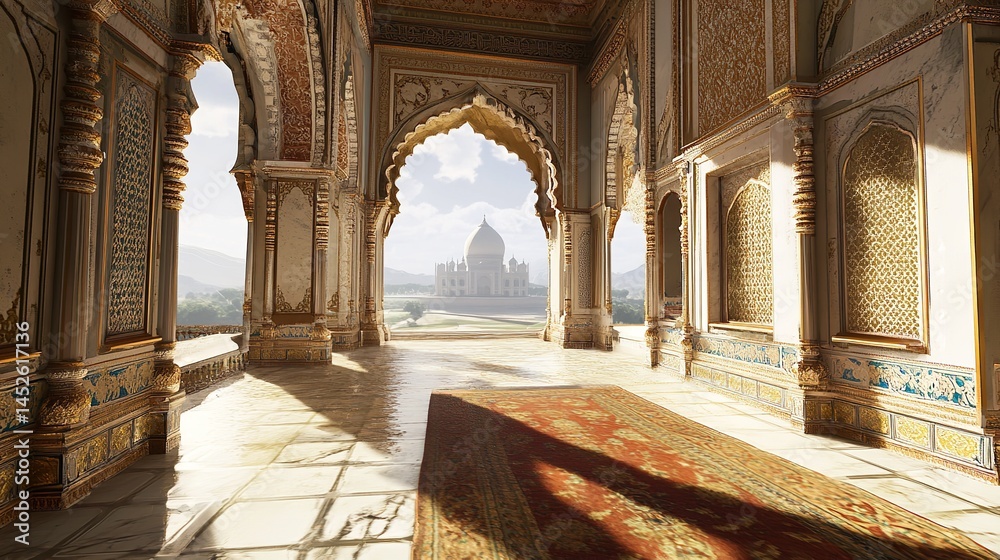 Fototapeta premium Taj Mahal View Elegant Palace Architecture Indian Design Golden Details Luxury Interior Room Art 