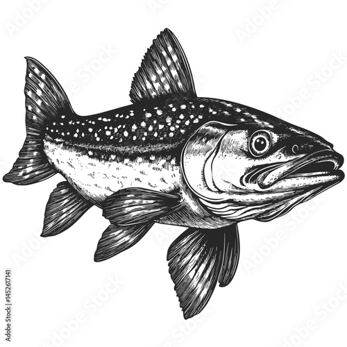 Pike, vintage illustration, old engraving style, black sketch, woodcut engraving, retro fish art, antique line drawing, white background, traditional etching, detailed aquatic animal,