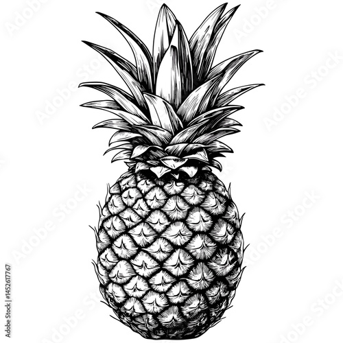 Pineapple woodcut sketch, vintage vector illustration, black engraved style, tropical botanical fruit, antique fruit drawing, hand drawn tropical plant, etching style fruit design