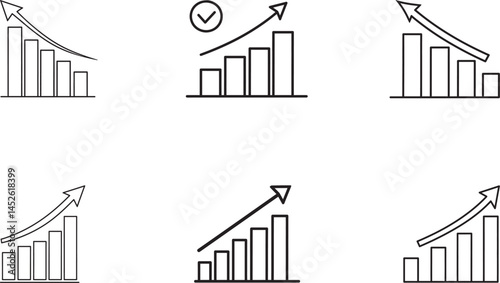 A collection of six linear icons representing various bar chart and graph growth concepts for illustrating business advancements, financial analysis, economic growth, and statistical improvement