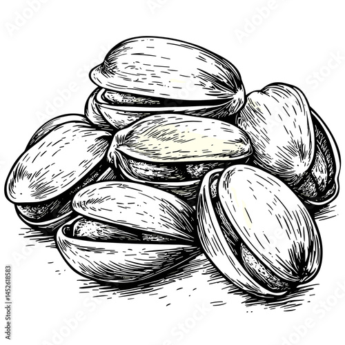 Pistachio sketch in vintage engraving style, black ink woodcut nut vector, retro botanical food art, hand-drawn organic design, rustic antique style, classic snack illustration,