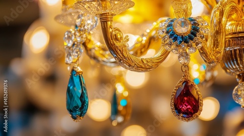 A chandelier with a variety of colored gems hanging from it