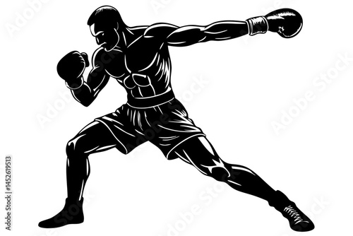 Silhouette of a boxer lunging forward, athletic sports silhouette with transparent background, boxer, boxing, silhouette, vector, sport, athletic, fight, fighter, lunging, side profile, punch, aggress
