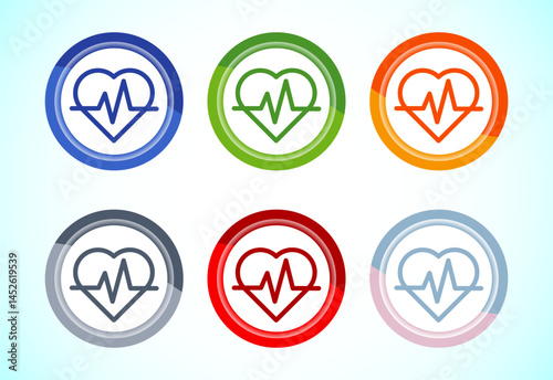 Heartbeat pulse icon design illustration, Medical heart sign symbol, 6 color button design set