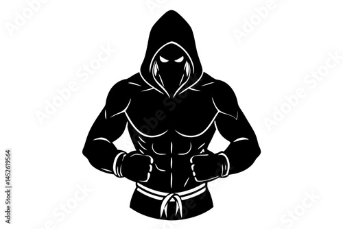 Black silhouette design of hooded boxer standing with gloves on a white background, boxer, fighter, silhouette, hooded, athlete, sport, training, punch, boxing, gloves, vector, shape, cut out, contest