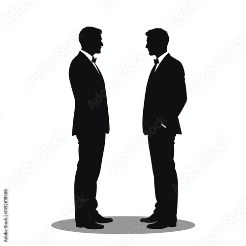 Two men in suits facing each other, black silhouette, business concept, copy space