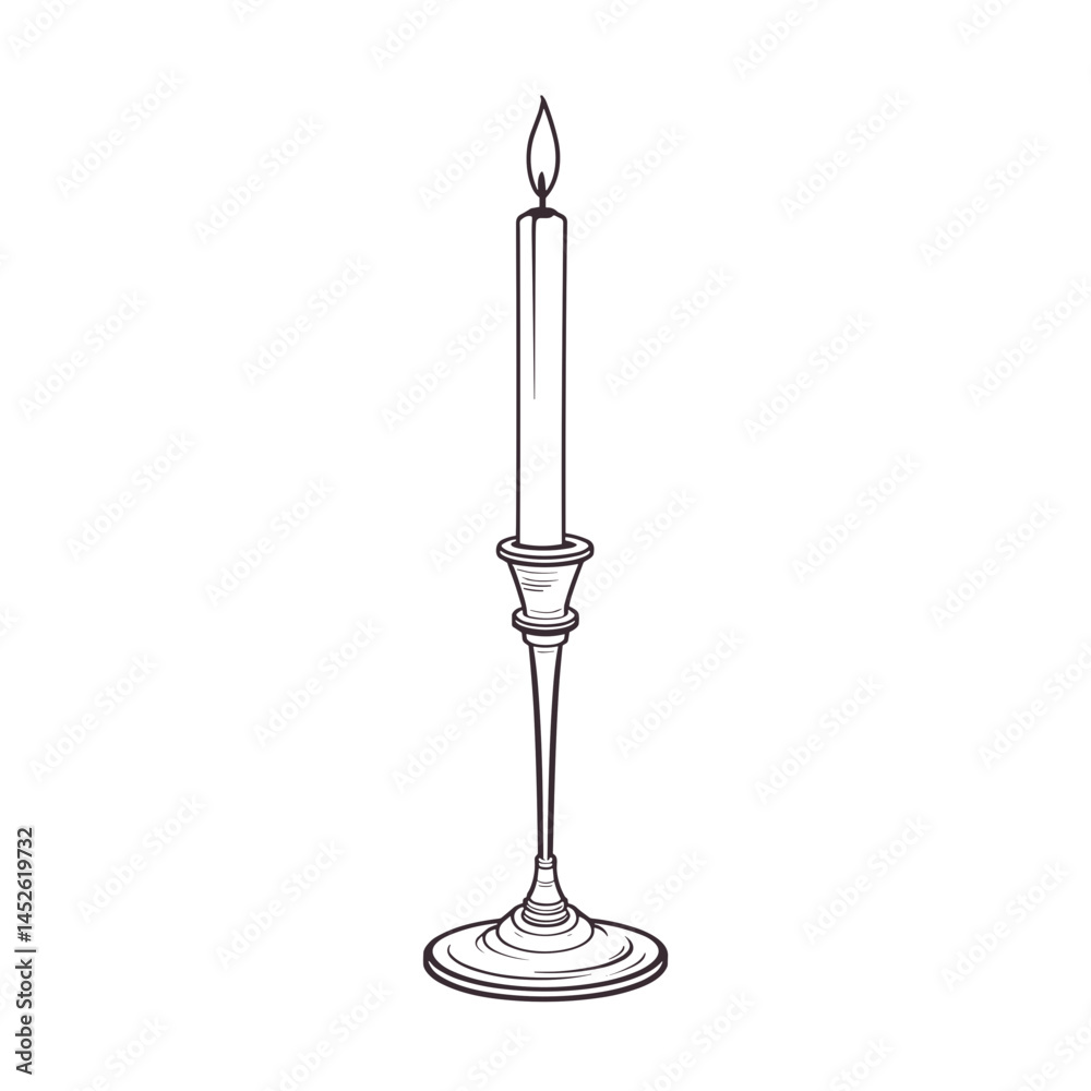 Lit candle on candlestick, line art, monochrome, for invitations Lit candle on candlestick, line art, monochrome, for invitations