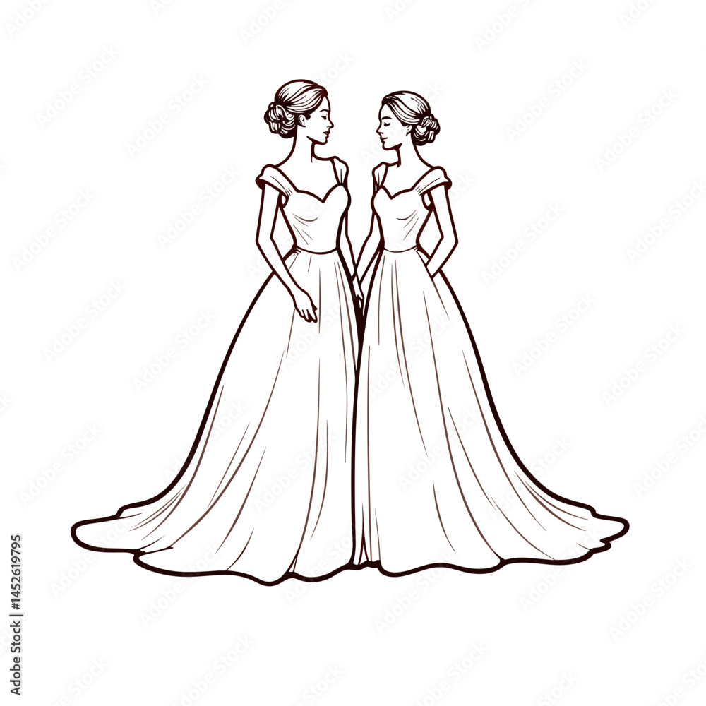 Fototapeta premium Two brides in wedding gowns, line art, maroon accents, for invitations