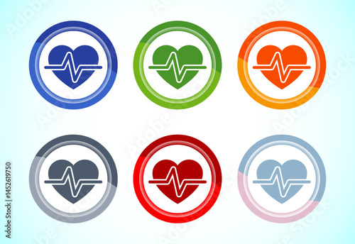 Heartbeat pulse icon design illustration, Medical heart sign symbol, 6 color button design set