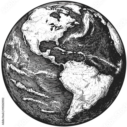Old engraving style Earth vector, vintage woodcut sketch, black and white globe illustration, antique map drawing, hand-drawn planet, monochrome retro art, cartographic artwork,
