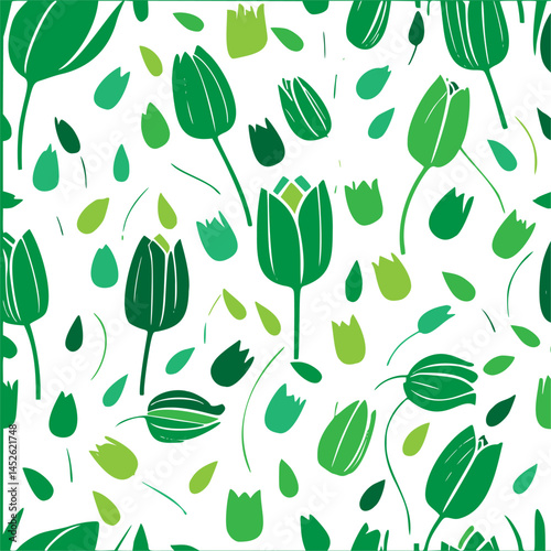 Botanical design showcasing various shades of green tulips on a white background