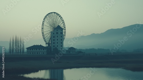 ferris wheel near calm water with mountains in background