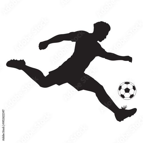 Silhouette of a Soccer Player in Action: A dynamic silhouette captures a soccer player in mid-air, poised to kick the ball