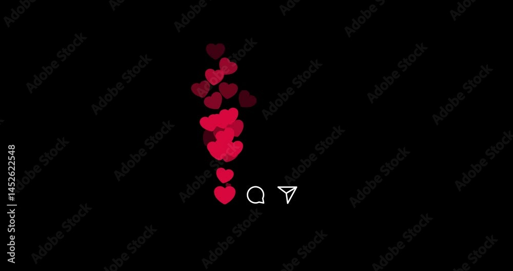 Heart fountain fly up. Stream reactions in social media. Follower like support. Love button emoji motion graphic. Live streaming in instagram, youtube, tiktok twitch reaction. Alpha Channel overlay