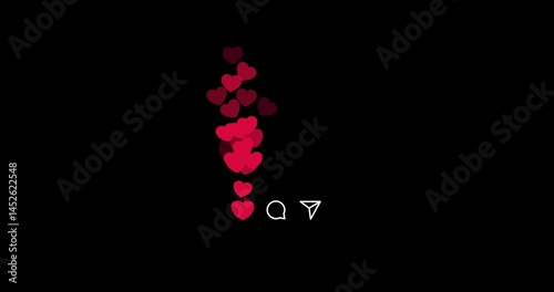 Heart fountain fly up. Stream reactions in social media. Follower like support. Love button emoji motion graphic. Live streaming in instagram, youtube, tiktok twitch reaction. Alpha Channel overlay
