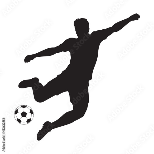 Soccer Player Silhouette: Dynamic silhouette of a soccer player in mid-air, kicking a soccer ball