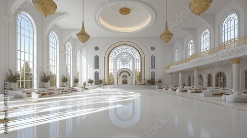 bright white mosque interior with large chandeliers