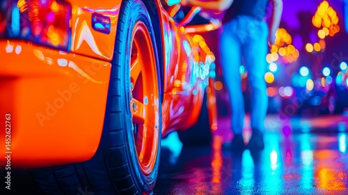 closeup of red car wheels on wet street with neon lights