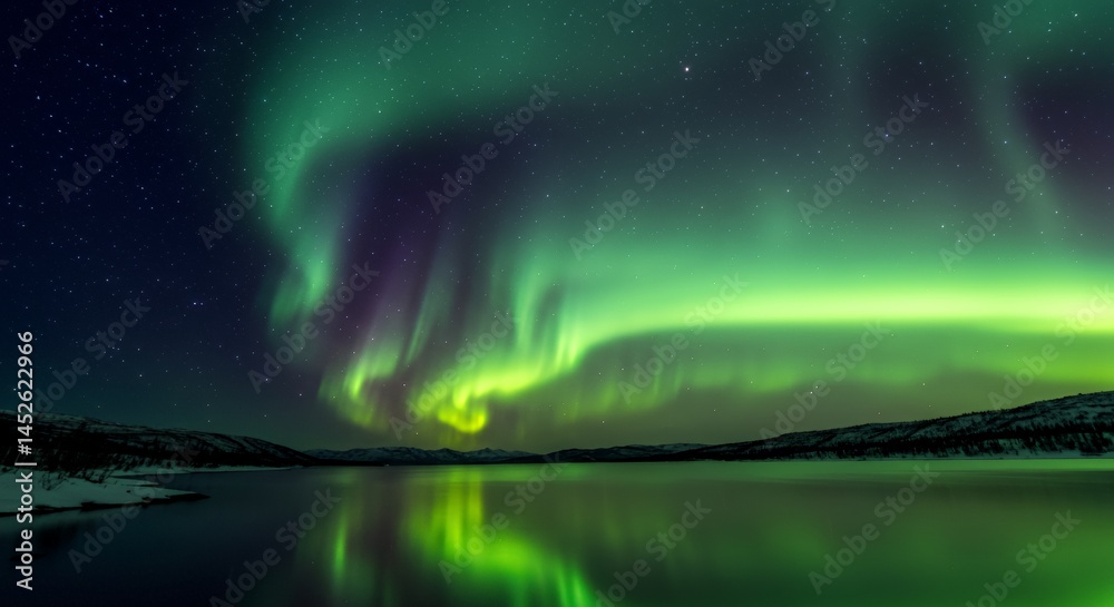 Fototapeta premium Stunning aurora borealis display over a tranquil lake.