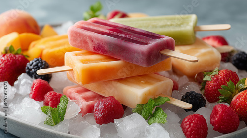A colorful stack of assorted fruit popsicles placed on crushed ice, shot overhead for a playful, refreshing summer vibe.