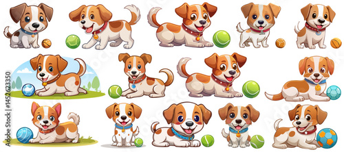 Cute spotted white brown dog, funny little animal character playing ball, domestic pet vector illustration.