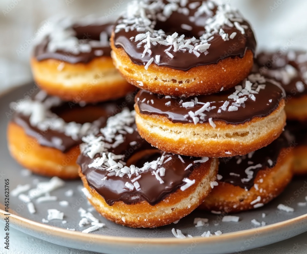 Round cookies with filling, covered with chocolate icing and sprinkled with coconut flakes on a plate